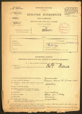 Albert. Demande d'indemnisation des dommages de guerre : dossier Roux