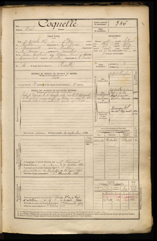 Coquelle, Paul, né le 04 novembre 1865 à Ytres (Somme), classe 1885, matricule n° 546, Bureau de recrutement de Péronne