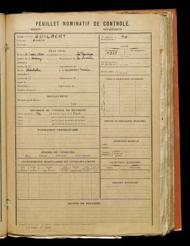 Guilbert, André, né le 31 mars 1897 à Lafresguimont-Saint-Martin (Somme), classe 1917, matricule n° 79, Bureau de recrutement d'Amiens