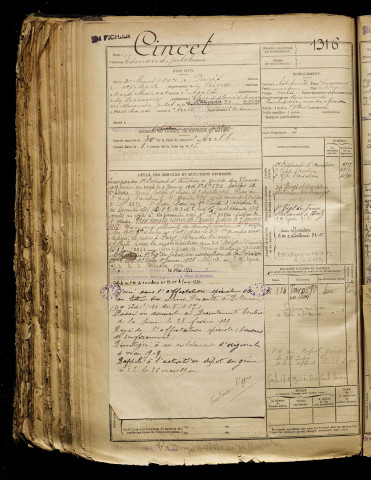 Cincet, Edmond Jules, né le 31 mars 1897 à Paris 17e Arrondissement (Paris), classe 1917, matricule n° 1316, Bureau de recrutement d'Abbeville