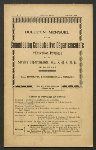 Bulletin mensuel de la Commission Consultative d'Education Physique et du Service Départemental d'Education Physique et Préparation Militaire Elémentaire de la Somme, numéro 1 (2e année)