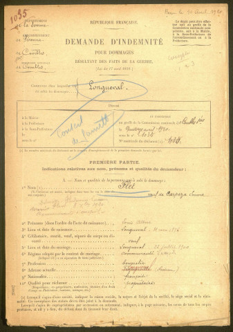 Longueval. Demande d'indemnisation des dommages de guerre : dossier Flet
