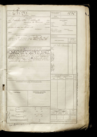 Remi, Hubert Eugène, né le 08 octobre 1893 à Abbeville (Somme), classe 1913, matricule n° 1232, Bureau de recrutement d'Abbeville