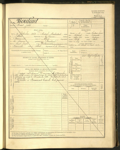 Boulant, Louis Jules, né le 09 septembre 1862 à Mesnil-Martinsart (Somme, France), classe 1880, matricule n° Pas de numéro, Bureau de recrutement de Péronne