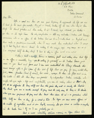 Lt R. Goldwater RA, RA Mess MUTTRA, India Command, 21 Oct. 45 : lettre de Raymond Goldwater à son frère Stan