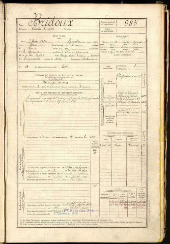 Bridoux, Charles Amédée, né le 07 mars 1864 à Eppeville (Somme, France), classe 1884, matricule n° 985, Bureau de recrutement de Péronne
