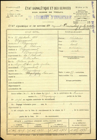 Ducrotoy, Jules Octave Josephe, né le 25 septembre 1886 à Vignacourt (Somme), classe 1906, matricule n° 1196, Bureau de recrutement d'Amiens