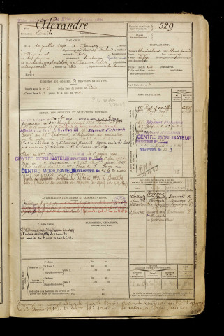 Alexandre, Emile, né le 13 juillet 1894 à Beuvry (Pas-de-Calais), classe 1914, matricule n° 529, Bureau de recrutement d'Amiens