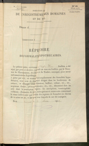 Répertoire des formalités hypothécaires, du 12/07/1907 au 23/01/1908, registre n° 352 (Péronne)