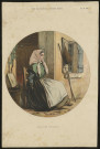 The illustrated London news. Boulogne fish-girl. Dessin en couleur d'une dame assise sur une chaise devant un façace de maison