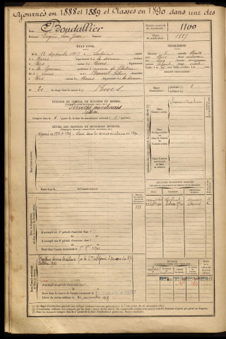 Boudallier, Eugène Léon Josse, né le 12 septembre 1867 à Saleux (Somme), classe 1887, matricule n° 1100, Bureau de recrutement d'Amiens