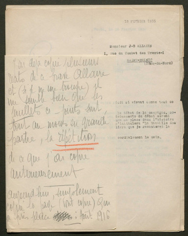 Témoignage de Allaire, Jean-Baptiste et correspondance avec Jacques Péricard