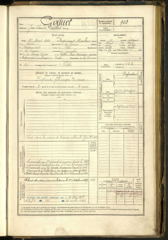 Goguet, Jean Charles Edouard, né le 25 mars 1861 à Bacquencourt-Hombleux (Somme, France), classe 1881, matricule n° 903, Bureau de recrutement Péronne
