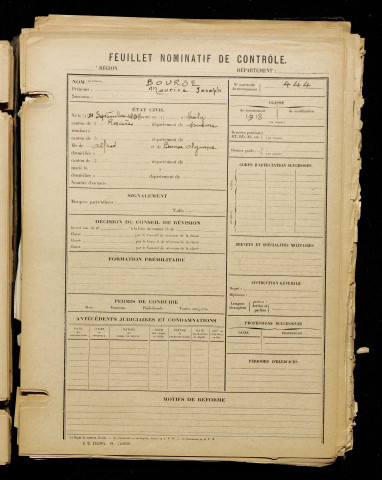 Bourse, Maurice Joseph, né le 21 septembre 1898 à Vrély (Somme), classe 1918, matricule n° 444, Bureau de recrutement de Péronne
