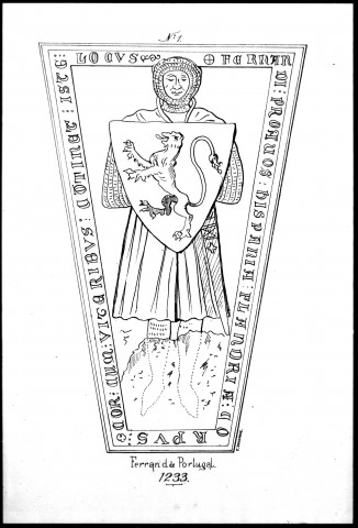 b136. - Gravures extraites de l'ouvrage "Inscriptions tumulaires de l'église Notre-Dame de Noyon", par A. Boulongne (1876) : Fernand de Portugal (1233), Nicolas de Roye (1237), Gérard (1265), Guillaume de Cure (1266), Vernond de la Boissière (1272), André Le Moine, Florent de la Boissière (1331), Guillaume de Lorris, Guillaume de Lec (1417), Antoine des Mares (1473), Jean de Watines (1517), Jean Le Jeune (1521), Charles de Hanoest (1528), Jean de Montcel (1501), Marguerite Moreau (1551), Jacques Charrouve (1553), Jean Cailloel, Jacques Le Vasseur (1638)