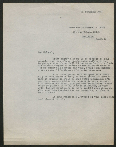 Témoignage de Five, A. (Colonel) et correspondance avec Jacques Péricard