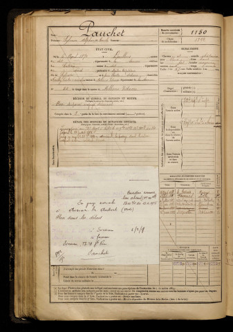 Pauchet, Sylvain Alphonse Emile, né le 06 avril 1872 à Doullens (Somme), classe 1892, matricule n° 1150, Bureau de recrutement d'Amiens