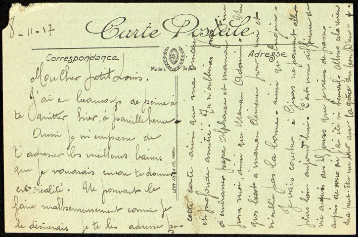 Carte postale intitulée "Gisors. Le Château. Donjon de Philippe Auguste. Tour du Prisonnier (côté de l'entrée)". Correspondance de Raymond Paillart à son fils Louis