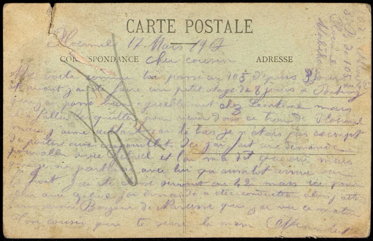 Carte postale "Lits clos et berceaux, le petit levé de la belle fermière", envoyée de Ploërmel à Adrien Hennebert par son cousin