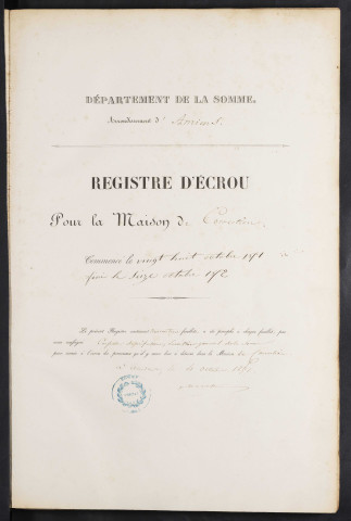Maison de correction dite Bicêtre à Amiens. Registre d'écrou : numéros 13448 à 14359. 28 octobre 1851 - 16 octobre 1852