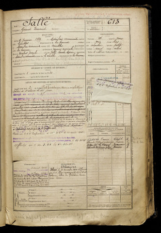 Sallé, Gérard Fernand, né le 09 janvier 1889 à Mesnil-en-Arrouaise (Somme), classe 1909, matricule n° 613, Bureau de recrutement de Péronne