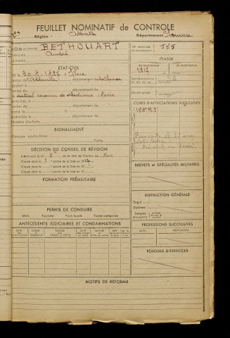 Bethouart, André, né le 30 août 1897 à Rue (Somme), classe 1917, matricule n° 525, Bureau de recrutement d'Abbeville