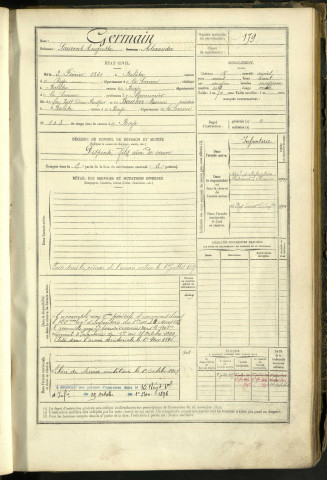 Germain, Laurent Auguste, né le 2 février 1861 à Balâtre (Somme, France), classe 1881, matricule n° 179, Bureau de recrutement Péronne