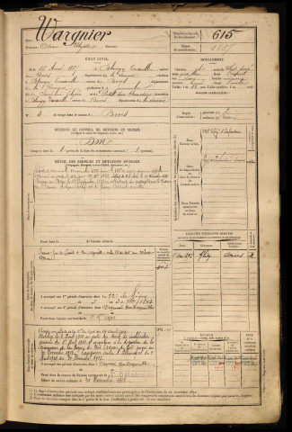 Wargnier, Oscar Ulysse, né le 16 août 1867 à Blangy-Tronville (Somme), classe 1887, matricule n° 615, Bureau de recrutement d'Amiens