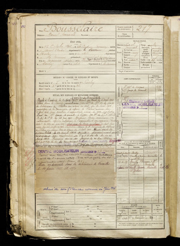 Bousselaire, Marcel Armand, né le 13 octobre 1901 à Couture-Boussey (La) (Eure), classe 1921, matricule n° 217, Bureau de recrutement d'Amiens