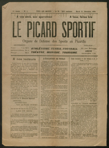 Le Picard Sportif - Organe de Défense des Sports en Picardie, numéro 1 (1920)