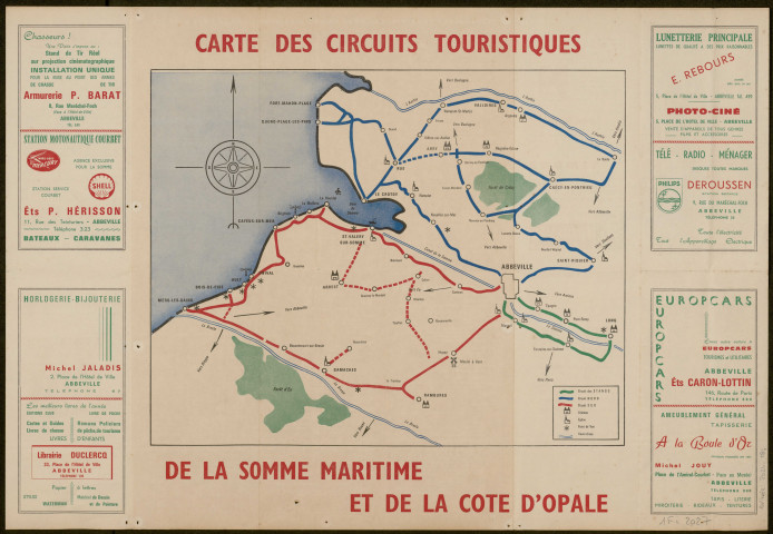 Carte des circuits touristiques de la Somme maritime et de la Côte d'Opale. Abbeville centre de Tourisme. La plage, la chasse, la pêche en Picardie