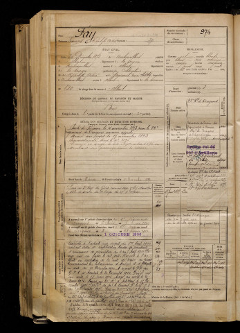 Fay, François Hippolyte Désiré, né le 26 décembre 1872 à Auchonvillers (Somme), classe 1892, matricule n° 974, Bureau de recrutement de Péronne