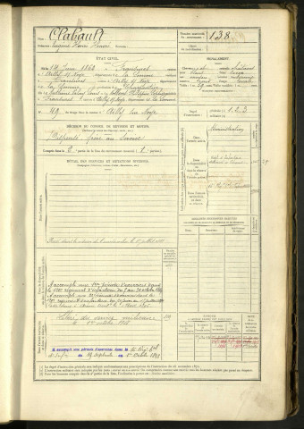 Clabault, Eugène Henri Honoré, né le 14 juin 1862 à Fransures (Somme, France), classe 1882, matricule n° 138, Bureau de recrutement de Péronne