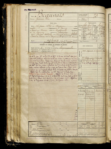 Beauvais, Jérémie Elie, né le 14 juin 1895 à Auxerre (Yonne), classe 1915, matricule n° 73, Bureau de recrutement d'Abbeville