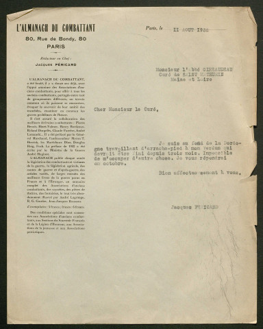 Témoignage de Gireaudeau, J.(Abbé) et correspondance avec Jacques Péricard