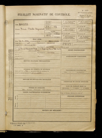 Brood, Denis Charles Raymond, né le 22 mars 1892 à Doullens (Somme), classe 1912, matricule n° 13, Bureau de recrutement d'Abbeville