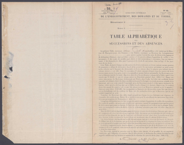 Table des successions et absences du bureau d'Amiens
