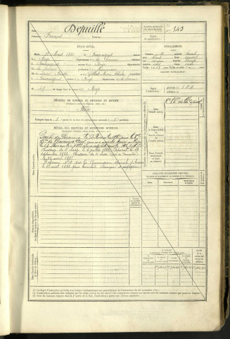 Depuille, François, né le 18 mars 1861 à Beuvraignes (Somme, France), classe 1881, matricule n° 145, Bureau de recrutement Péronne