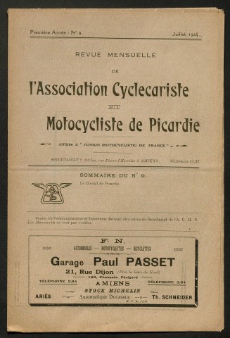 Revue mensuelle de l'association cyclecariste et motocycliste de Picardie - 1ère année, numéro 9