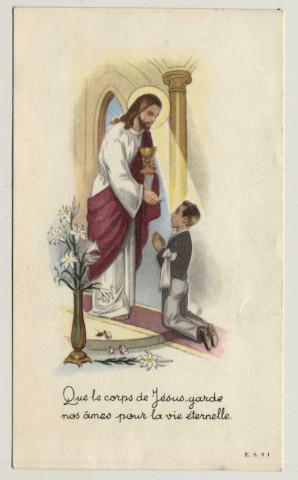 Que le corps de Jésus garde nos âmes pour la vie éternelle. Le Christ donnant la communion. Image de communion solennelle de Claude Brun, le 3 juin 1962