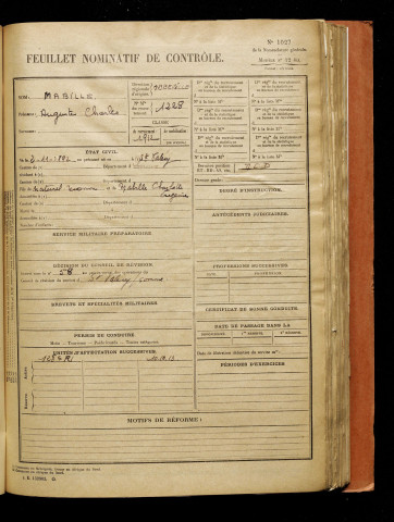 Mabille, Auguste Charles, né le 02 novembre 1892 à Saint-Valery-sur-Somme (Somme), classe 1912, matricule n° 1228, Bureau de recrutement d'Abbeville