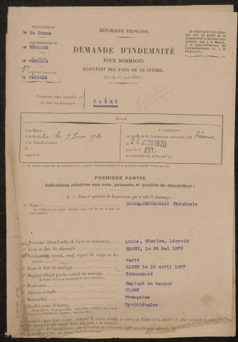 Cléry-sur-Somme. Demande d'indemnisation des dommages de guerre : dossier Boucq-Decressain