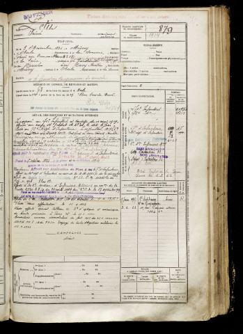 Petit, Iréné, né le 03 novembre 1896 à Misery (Somme), classe 1916, matricule n° 879, Bureau de recrutement de Péronne