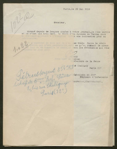 Témoignage de Pétrus (Sergent téléphoniste) et correspondance avec Jacques Péricard
