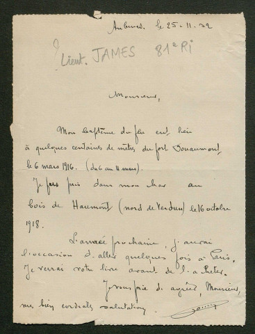 Témoignage de James (Lieutenant) et correspondance avec Jacques Péricard
