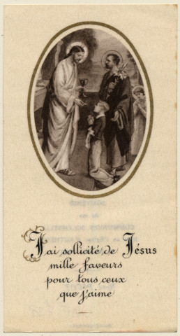 Le Christ donnant la communion à une jeune fille. Souvenir de communion solennelle de René Picot faite en l'église d'Autheux le 26 mai 1946