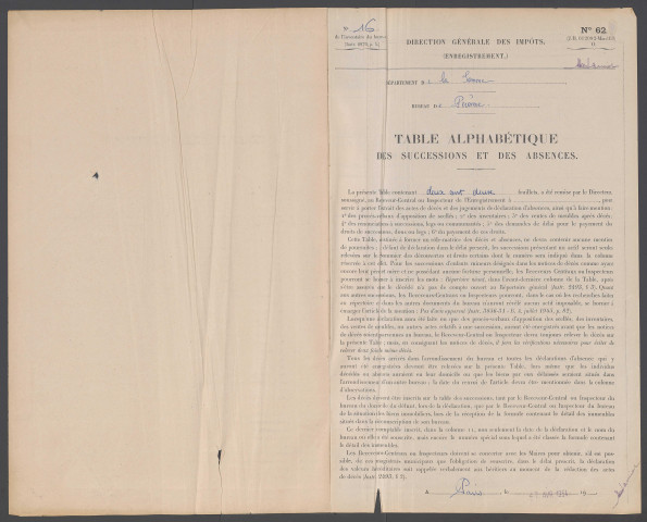 Table des successions et absences du bureau de Péronne