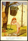 Carte postale humoristique intitulée "Le confort moderne malgré tout. Home comforts ? ..." représentant un jeune soldat britanique prenant une douche au moyen d'un seau d'eau accroché à un arbre. Correspondance de Louise Delattre, épouse Delassus, à son mari Sosthène