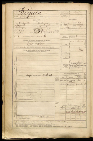 Béguin, Zéphirin Georges, né le 27 février 1874 à Boisbergues (Somme), classe 1894, matricule n° 204, Bureau de recrutement d'Abbeville