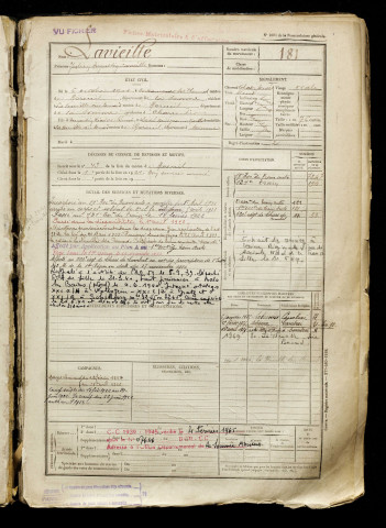 Lavieille, Julien Augustin Camille, né le 06 octobre 1901 à Berteaucourt-lès-Thennes (Somme), classe 1921, matricule n° 181, Bureau de recrutement de Péronne